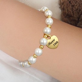 Jesvo 10 Year Old Girl Birthday Gifts, Happy Ten 10th Yr Heart Pearl Bracelet jewelry Birthday Accessories Stuff Decorations Gifts Presents ldeas for Age 10th Girls Kids Daughter