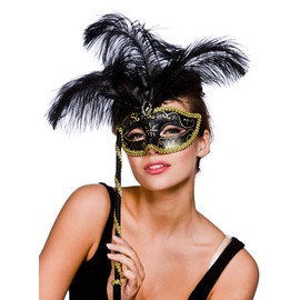 Treviso Eyemask Venetian Masquerade Mask + Stick Opera Fancy Dress Accessory (Gold)