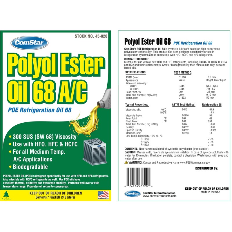 ComStar Polyol Ester Oil 68/300 SUS (POE), High-Performance Refrigeration Oil