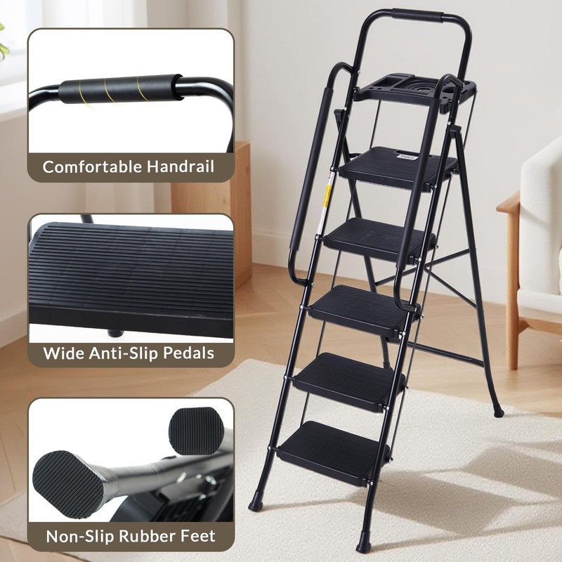 Valeo 5 Step Ladder with Handrails,500 Lbs Capacity,Folding Step Stool