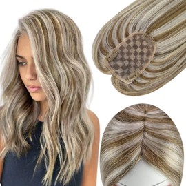Full Shine Hair Toppers Color 8/60 Blonde Clip in Hair For Women Real Human Hair 3 * 5Inch Silk Base With Clip in Hair Pieces For Thinning Hair Ash Brown And Blonde18 inch Brazilian Women's Hairpiece