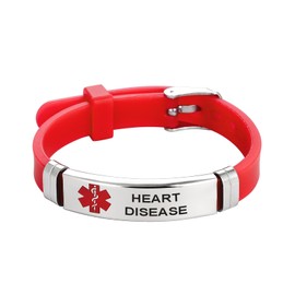 YQSLIN Medical Alert Bracelet Red Silicone Name Heart Disease Adjustable Sport Stainless Steel Rubber Medical ID Identification Bracelet for Men Women s