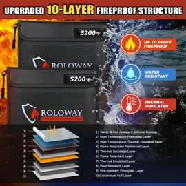 ROLOWAY Fireproof Bag (9.6 x 6.6 inches) 5200℉ Heat Insulated, Fireproof Money Bag with Zipper for Cash (2-Pack Black)
