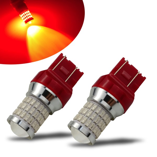 iBrightstar Newest 9-30V Flashing Strobe Blinking Brake Lights 7440 7443 T20 LED Bulbs with Projector Replacement for Tail Brake Stop Lights, Brilliant Red