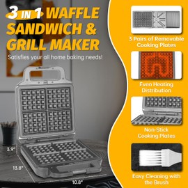 FineMade Belgian Waffle Maker with Removable Plates, Waflera Electrica, Large Waffle Iron, 3 in 1 Panini Grill Press Breakfast Sandwich Maker, Electric Griddle, Grilled Cheese Maker, Breakfast Station