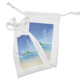 Lunarable Tropical Fabric Pouch Set of 2, Yacht Boat in the Sea Marine Adventure at Island Coastal Charm Picture, Small Drawstring Bag for Toiletries Masks and Favors, 9" x 6", Cream Blue Fern Green