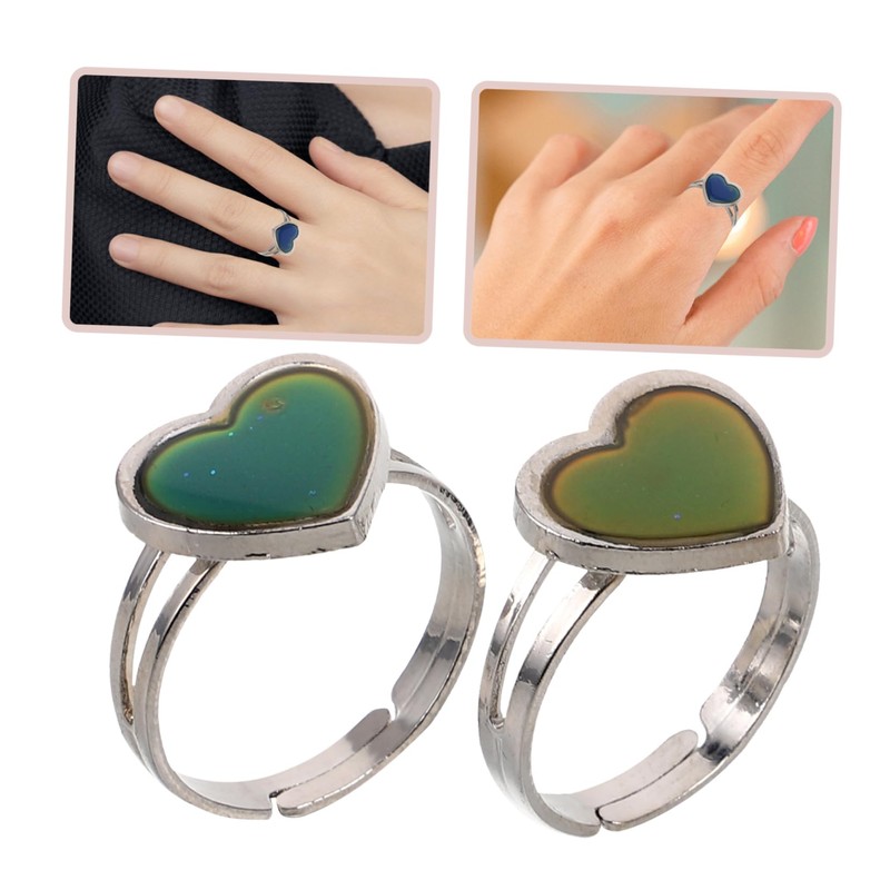 Healeved 2Pcs Heart Shape Temperature Changing Mood Rings Chic Emotion