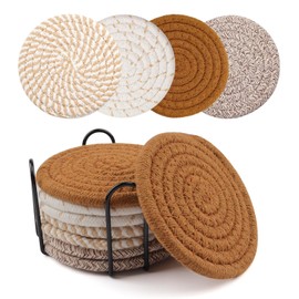 La Desire Drink Coasters with Holder, Cotton Woven Coasters Set of 8, 4 Colors Absorbent Coasters for Table Protection, Home Decor, Decoration for Coffee Table, Cups, Bar (Brown)