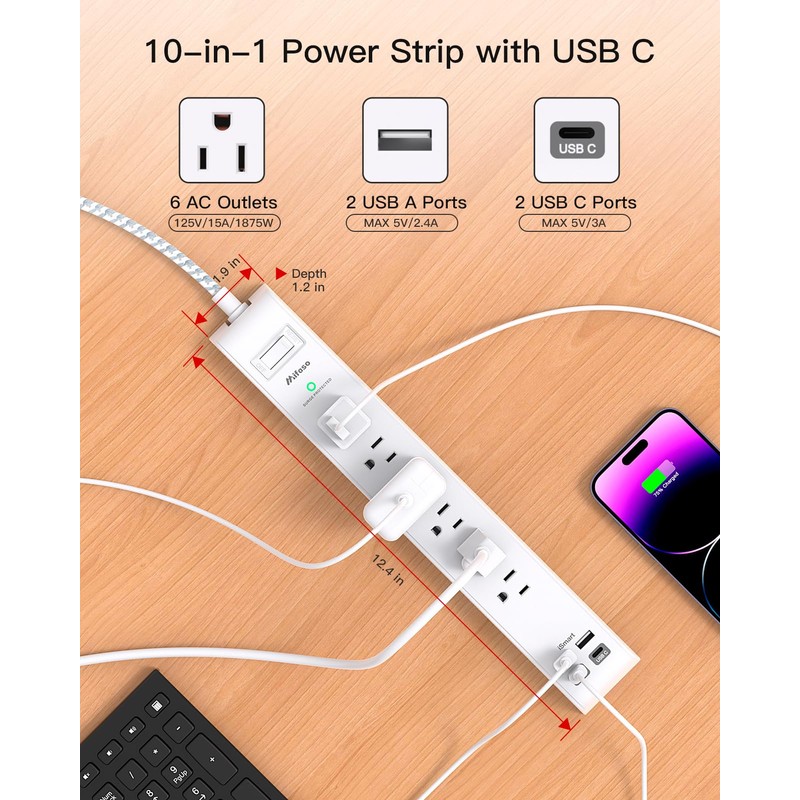 2 Pack Extension Cord 10ft Power Strip - Surge Protector