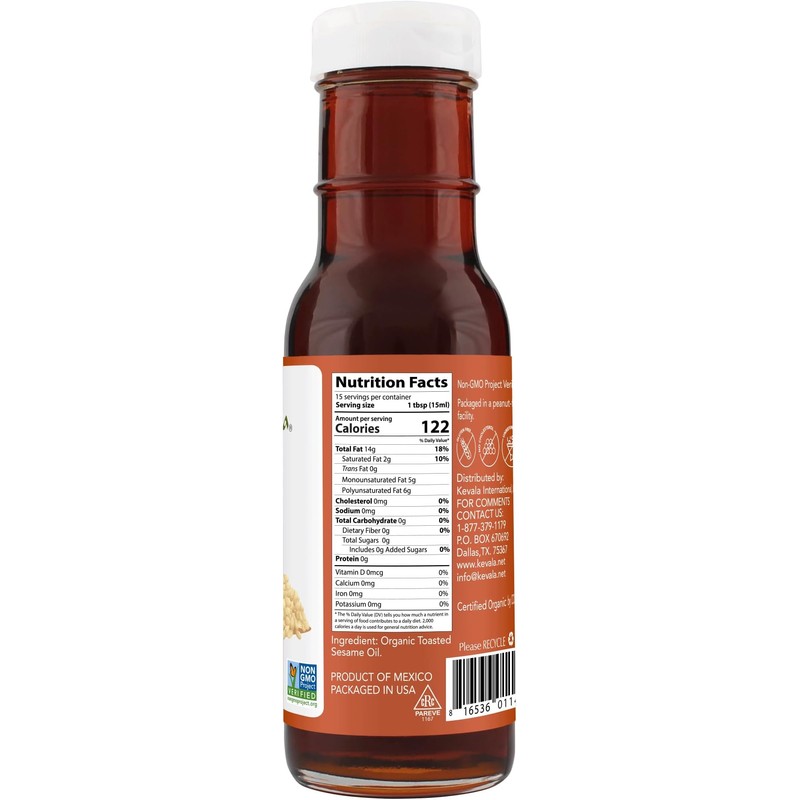 Kevala Aceite de sésamo tostado orgánico, 8 onzas (aceite de