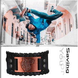 Flongo Leather Bracelet Men's Large Leather Bracelet Men's Bangle Viking Cuff Black Brown Adjustable Motorcycle Biker Men's Accessories, Metal