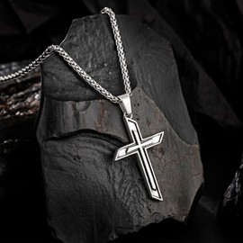 murtoo Cross Necklace for Men Gold Rope Chain Stainless Steel Necklace for Mens Silver Chain Mens Gifts for Him Boyfriend Father Vintage Silver, 24'' Wheat Chain