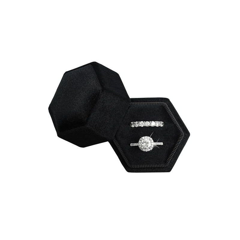Caja de anillos de terciopelo hexagonal de 2 ranuras para