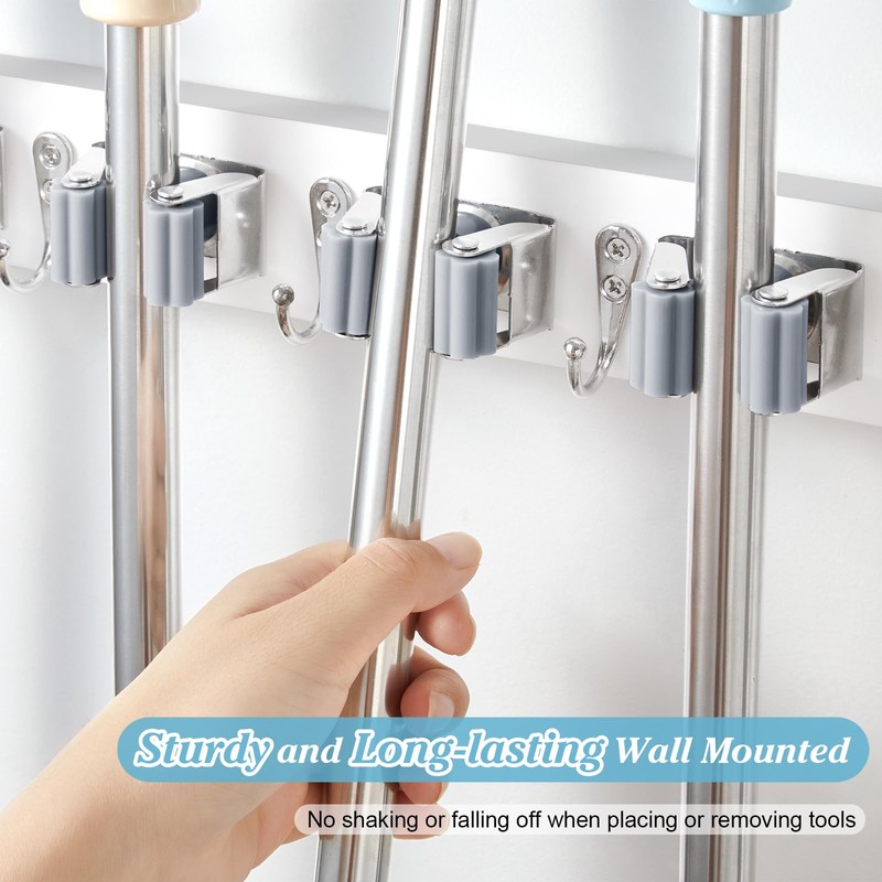 White Broom Holder Wall Mount - Heavy Duty Wood Mop