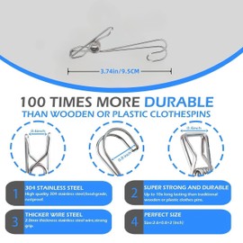 30 Pcs Clothes Pegs，3.74in Stainless Steel Metal Long Tail Clip with Hooks, Durable Hanging Clips，Heavy Duty Multifunctional Hangers Use for Display Storage Items(30 PCS)