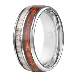 Gentlemen's Bands Silver Tungsten Men's Wedding Band with Koa Wood & Deer Antler Inlay | Premium Tungsten Engagement/Wedding Ring for Men 8mm| Includes Silicone Band, Leather Pouch & Luxury Walnut Box