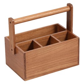 Acacia Wood Utensil Caddy with Handle, 4 Compartment BBQ Tool Holder & Napkin Organizer - Multipurpose Countertop Storage Box for Kitchen, Picnic, Office - Premium Wooden Desktop Basket (1)