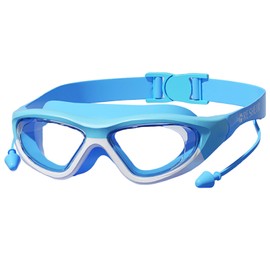Swimming Goggles with Ear Plugs, Anti-Fog Lenses, Mint Green and Yellow, Adjustable Head Strap (blue white)