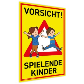 Sign Vorsicht! Spielende Kinder | 20 x 30 cm | Weatherproof PVC Sign with UV Protection | Signal Yellow | Attention Playground | Slow Playing Children
