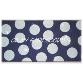 2 1/4 GLITTER JUMBO CHEER TEAM DOTS NAVY WHITE GROSGRAIN RIBBON 4 HAIRBOW BOW