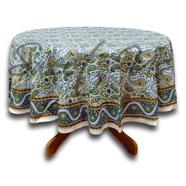 Hand Block Print Paisley Floral Tablecloth for Round Tables Cotton Table Linen Beach Sheet Beach Throw Gold Blue White 72 inches
