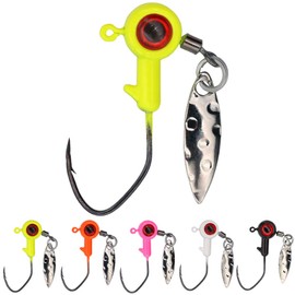 XFISHMAN Crappie-Jigs-Heads-Kit 1/8 1/16 1/32oz 50 Pack Ice Fishing Jigs Lead Head Jig Hook Lure (1/16 oz, Big Eye Jigheads-W/Spinner)
