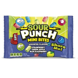 Sour Punch, Bites Strawberry Apple Blue Raspberry Flavors Chewy Candy 3.5oz Bag Pack, punch,raspberry,strawberry, 12 Count