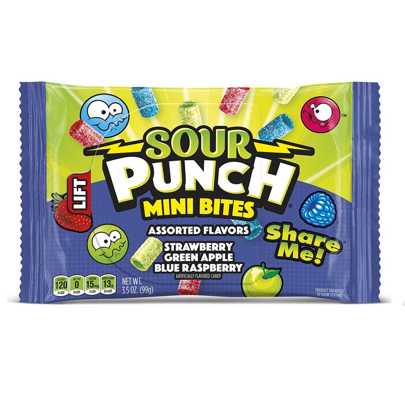 Sour Punch, Bites Strawberry Apple Blue Raspberry Flavors Chewy Candy