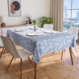 Encasa 6 to 8 seater Dining Table Cloth 145x240 cm (57x94 in) I Floral Blue Jacquard Style Print on Chambray Homespun Cotton I for Family Gatherings, Parties I Washable