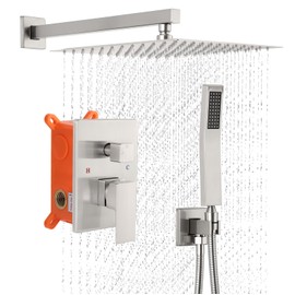 POPFLY Recessed 2-Function Shower System with 10" Square Rainfall Shower Head & High Pressure Handheld Spray – Wall Mounted Shower Faucet Set, Brushed Nickel Trim Kit with Rough-in Brass Valve