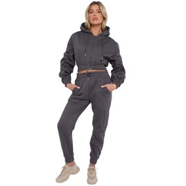 janisramone® Womens Fleece Tracksuit 2 PCs Lounge Set Ladies Ruched Sleeve Zipper Crop Hoodie Joggers Suit Casual Sports Loungewear Sets for Women, Casual Women Activewear & Airport Outfit Charcoal