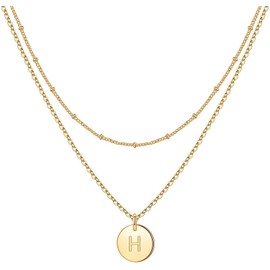 Minegreet Gold Initial Necklaces for Women,14K Gold Filled Hammered Gold Coin Necklaces for Women Initial Necklace Layered Initial Necklaces for Women Teen Girl Jewelry(H)