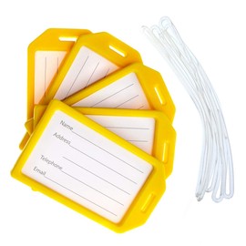 5 Pack - Premium Rigid Airline Luggage Tag Holders with 6" Worm Loops - Heavy Duty Hard Plastic -Suitcase ID Tag Identifiers with Business Card Insert Window by Specialist ID (Yellow)