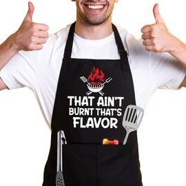DLTRXMY That's Ain't Burnt That's Flavor,Funny Chef Apron,Funny Aprons for Women Men with 2 Tool Pockets,Waterproof and OilProof,BBQ Lover Gifts,Fun BBQ Baking Grilling Kitchen Apron