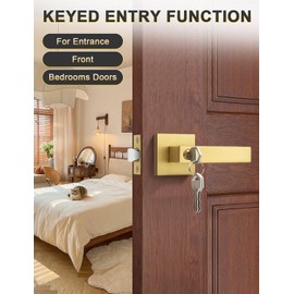 Tinewa 2 Pack Brushed Gold Entry Door Levers with Lock and Key, Satin Brass Keyed Alike Lockset Combo Pack, Entrance Door Handles for Office and Front Door, Door Knobs Lockset (Each with 3 Keys)