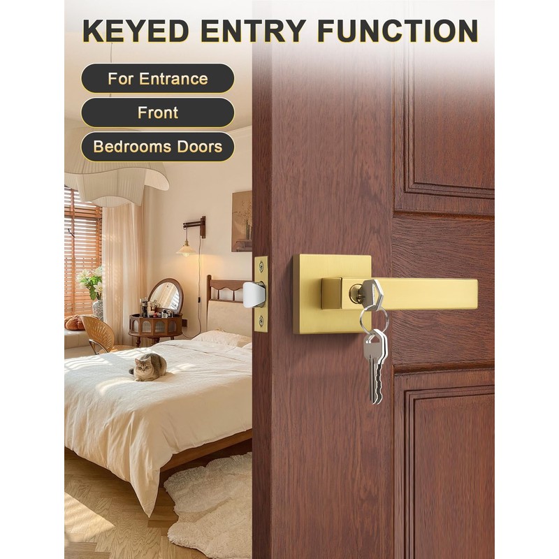 Tinewa 2 Pack Brushed Gold Entry Door Levers with Lock