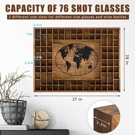 GlikCeil Large World Map 68 Slots Shot Glass Display Case 39 x 28'' Rustic Wood Shot Glass Holder for 2 Sizes Wineglass Bar Shelf Organizer Wall Mount Storage Shadow Cabinet Decor (Brown)