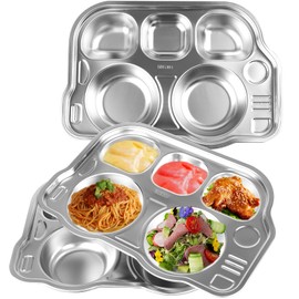 ZEAYEA 3 Pack Stainless Steel Divided Plate, 304 Stainless Divided Platter, 5 Section Car Shape Divided Dinner Tray, Kids Snack Meal Plate for Lunch, Portion Control, Camping, BPA free