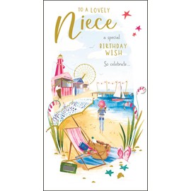 Jonny Javelin Niece Birthday Card - Lovely Niece - Summer Beach Scene - Special Finishes and Illustrated Insert Leaf - Made in the UK,228 x 155mm