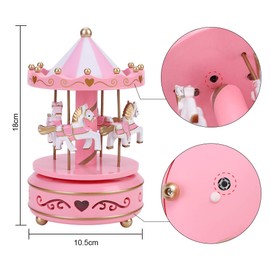 Qchomee Windup 4-Horse Rotating Carousel Classical Music Box Merry-go-round with Colorful Change LED Luminous Light Melody Artware Birthday Christmas Festival Musical Present Home Accessories