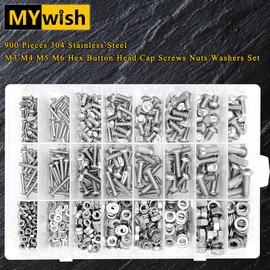 Mywish 900Pcs Metric Screw Assortment, M3 M4 M5 M6 Screw Assortment Kit 304 Stainless Steel Hex Socket Button Head Socket Cap Metric Screws Bolts & Flat Washers/Nuts/Hex Wrenches 16 Sizes 8MM to 20MM