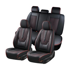 Coverado Car Seat Covers Full Set, Faux Leather Seat Covers for Car, Luxury Automotive Seat Covers Waterproof Car Seat Protector Universal Fit for Most Cars SUV Truck with Lumbar Support(Red Line)