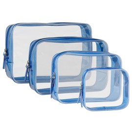 SOMIER 4 Size/Pack PVC Waterproof Clear Toiletry Bag, Portable Travel Cosmetic Makeup Bag, TSA Approved Zippered Carry on Pouch Organizer for Vacation Bathroom, Blue