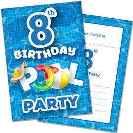 Olivia Samuel Pack of 20 Pool Party 8th Birthday Invitations with Envelopes - Ready to Write – Designed and Printed in the UK