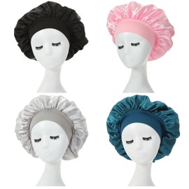 Gorro de Seda para Dormir 4 Paquetes, Gorra de Baño EVA Impermeable Dobles, Gorra de Bano Mujer Reutilizable para Cabello Largo, Grueso, Rizado, Bañarse y Dormir Cabello Rizado