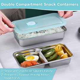 Qalviora Grab and Go Stainless Steel Snack Containers with Lid, 2Pcs Airtight Leak-Proof Reusable Double Compartment Bento for Food Storage Lunch School Office Camping Travel Dishwasher Safe