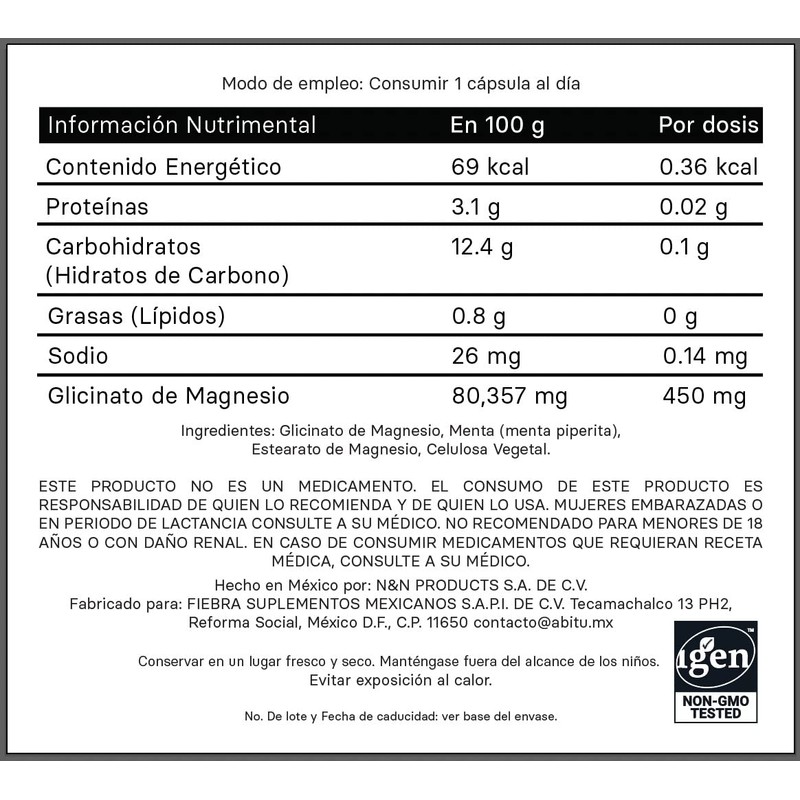 Magnesio (Glicinato de Magnesio 450 mg, 30 cápsulas)
