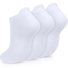 KOOOGEAR 3 Pairs Pilates Yoga Grip Socks Women Non Slip Grip Yoga Socks for Dance Yoga Barre Fitness Ballet Hospital (UK, Numeric, 4, 7, Regular, Regular, 3 Pairs White)
