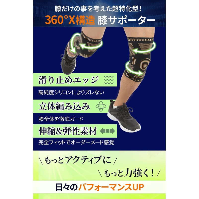 【膝の専門家監修】 膝サポーター 360°X構造 ２枚入り 着圧 滑り止め 通気性 ひざ専用 スポーツ 男女兼用