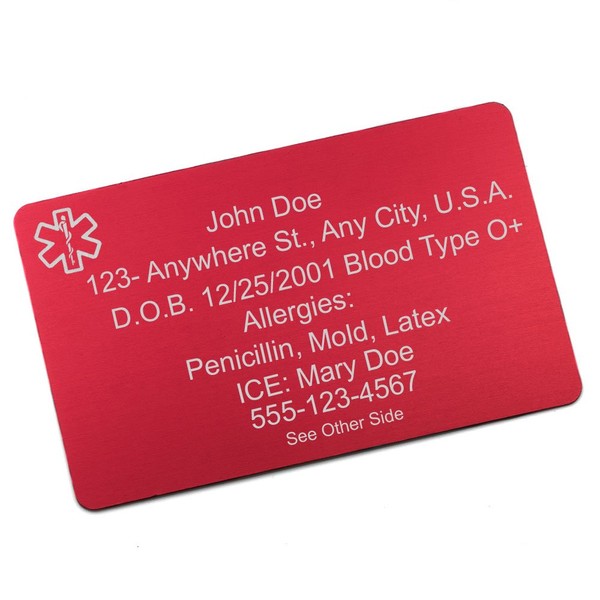 StickyJ Aluminum Medical Alert Wallet Card with Free Engraving